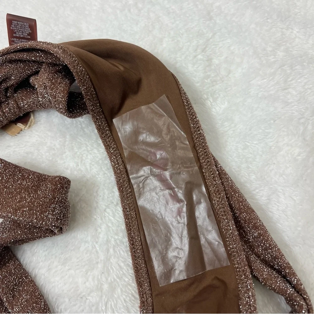Skims Glitter Swim Ruched Tanga Bikini Bottom Jasper Brown Size L